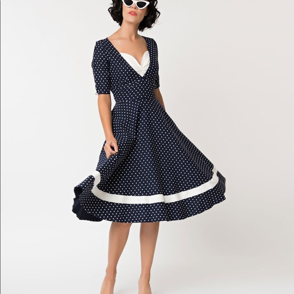 Navy & white polka dot “Serena” swing dress